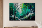 Detail view of artwork from Textured Green Forest Landscape Printable. Forest Trees Painting Print. Printable Wall Art. Digital Art. Nature Decor. Mountain Forest Art. (variation 1)