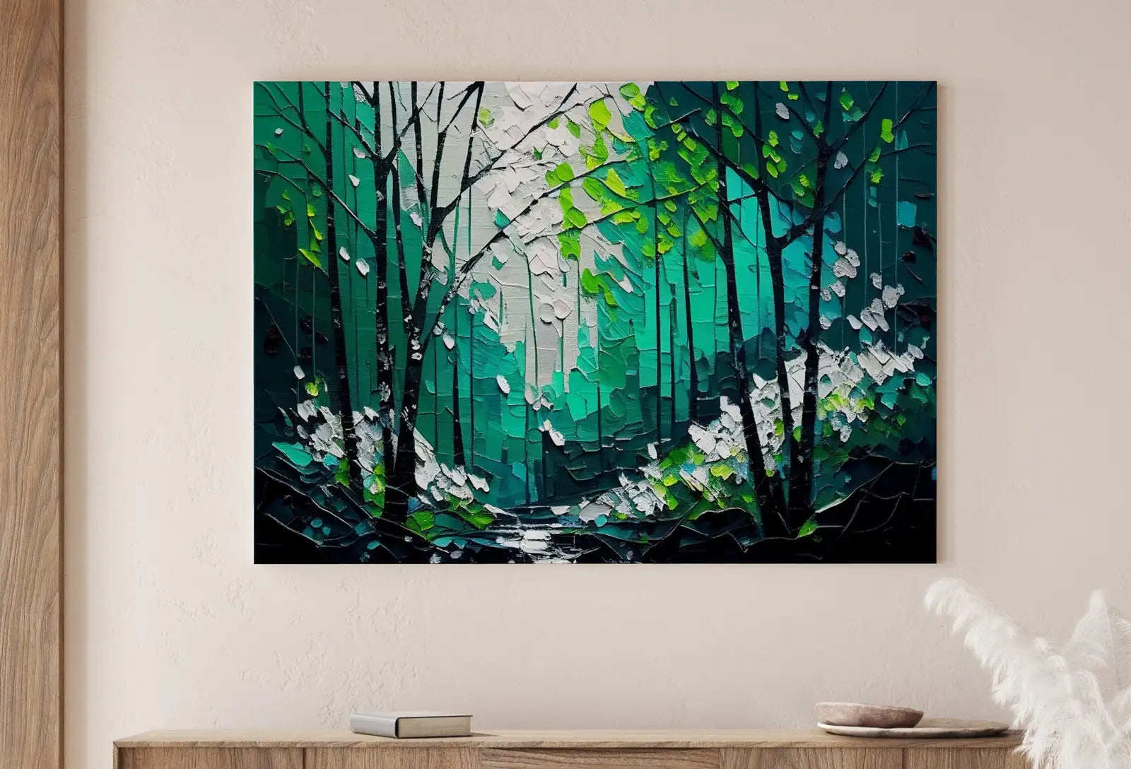 Detail view of artwork from Textured Green Forest Landscape Printable. Forest Trees Painting Print. Printable Wall Art. Digital Art. Nature Decor. Mountain Forest Art. (variation 1)