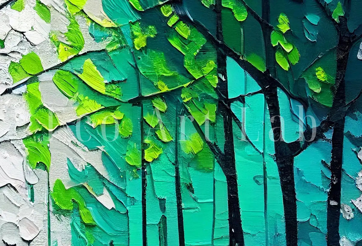 Detail view of artwork from Textured Green Forest Landscape Printable. Forest Trees Painting Print. Printable Wall Art. Digital Art. Nature Decor. Mountain Forest Art. (variation 2)