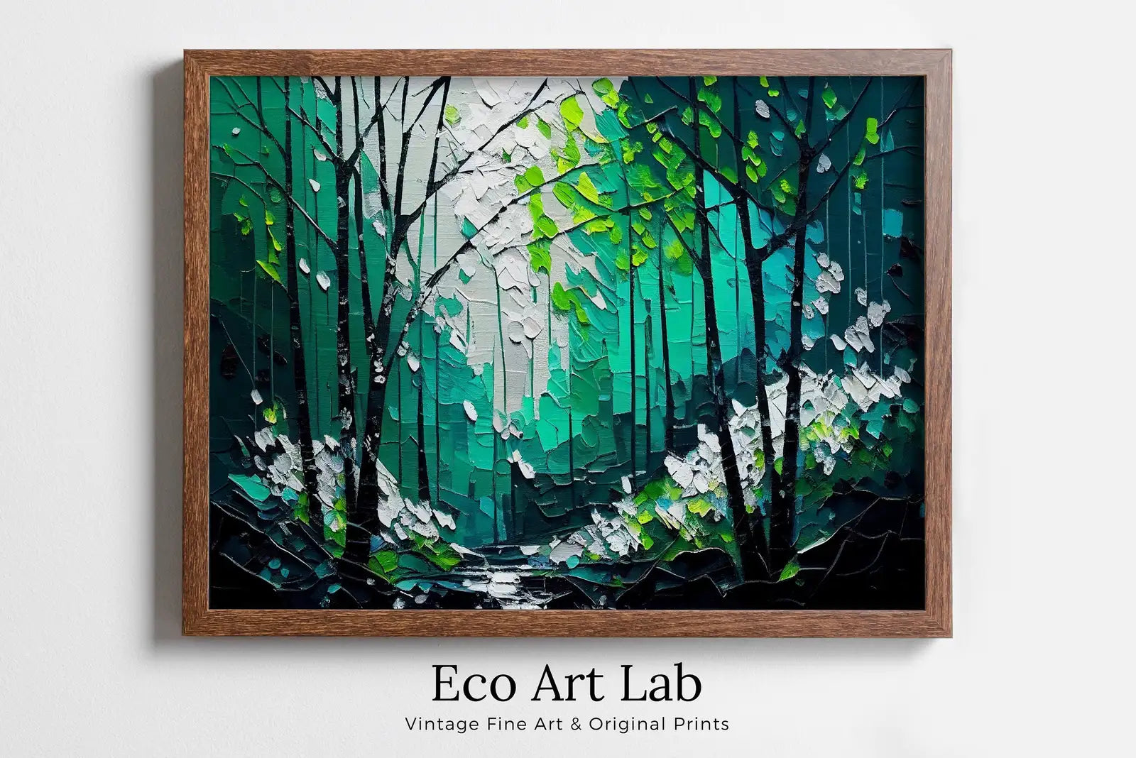 Framed view of Textured Green Forest Landscape Printable. Forest Trees Painting Print. Printable Wall Art. Digital Art. Nature Decor. Mountain Forest Art – printable wall art digital download.
