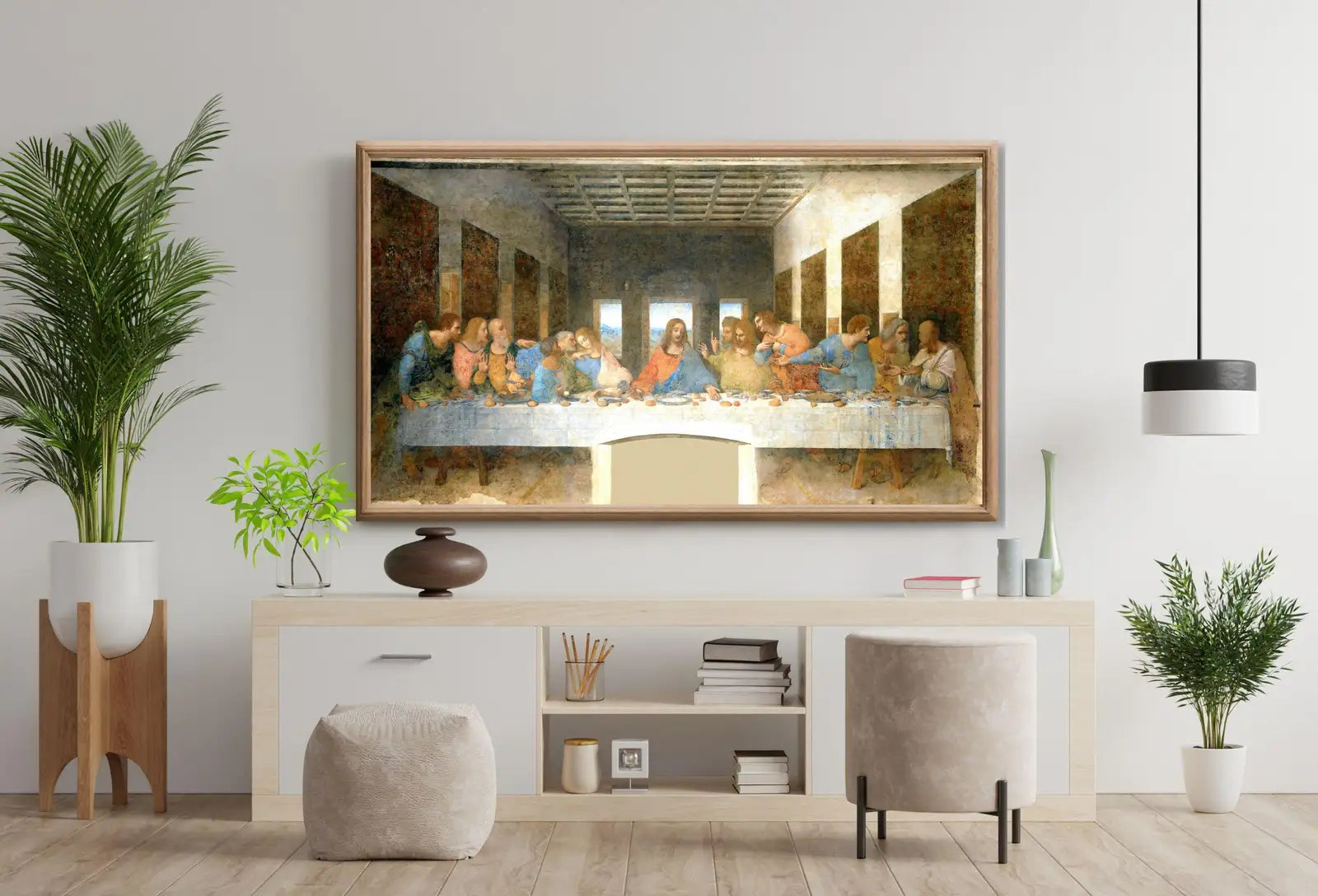 The Last Supper Wall Art displayed on Samsung Frame TV on a living room wall.