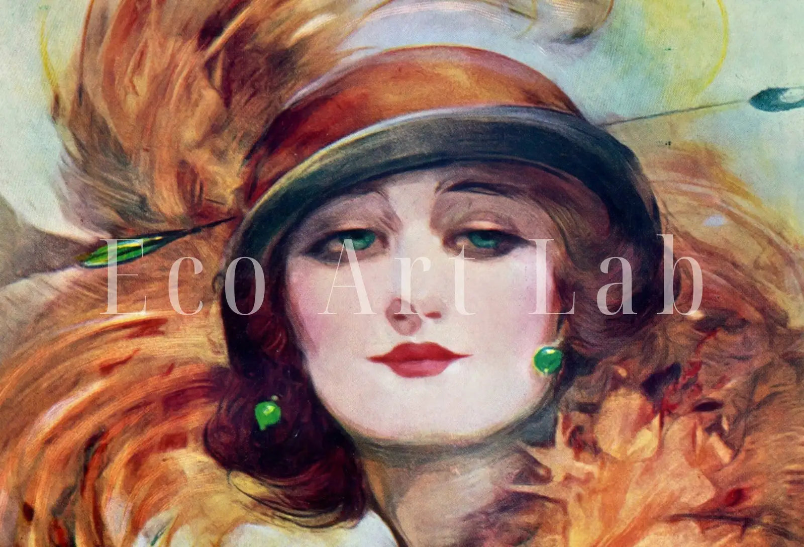Detail view of artwork from The Lure of the Green Eyes. Printable Wall Art. Vintage Woman Portrait Painting. Instant Download Vintage Decor. Exhibition Poster.. (variation 2)