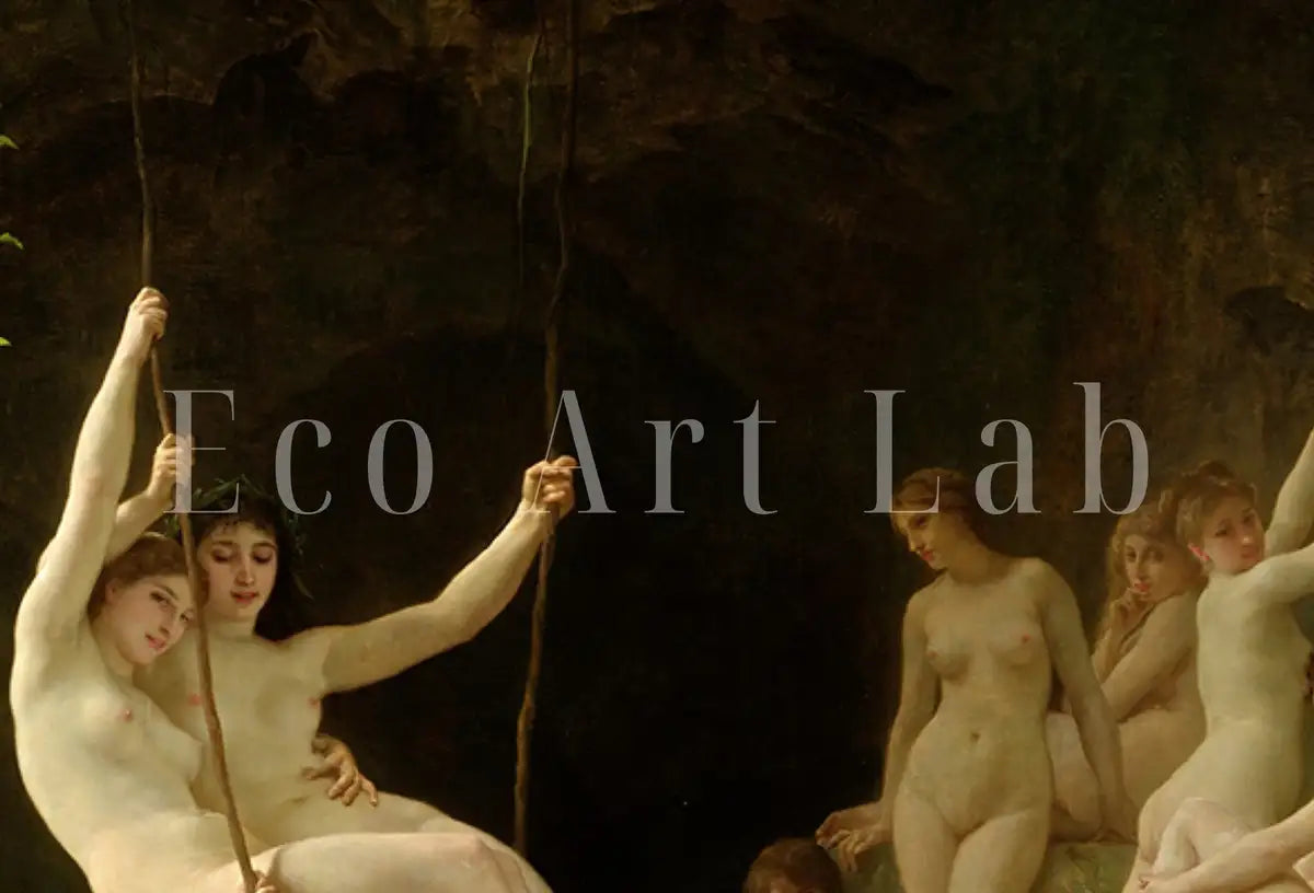 Detail view of artwork from The Nymphaeum Vintage Famous Painting. Antique Greek Mythology Art Printable Digital. Ancient Greek Mythology Nude Nymphs Painting.. (variation 2)