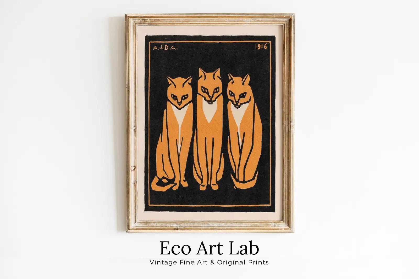 Framed view of Three Cats Painting Vintage Art Nouveau Print Wall Art. Instant Download Cat Poster Julie De Graag Printable Wall Art. Art Nouveau Poster – printable wall art digital download.