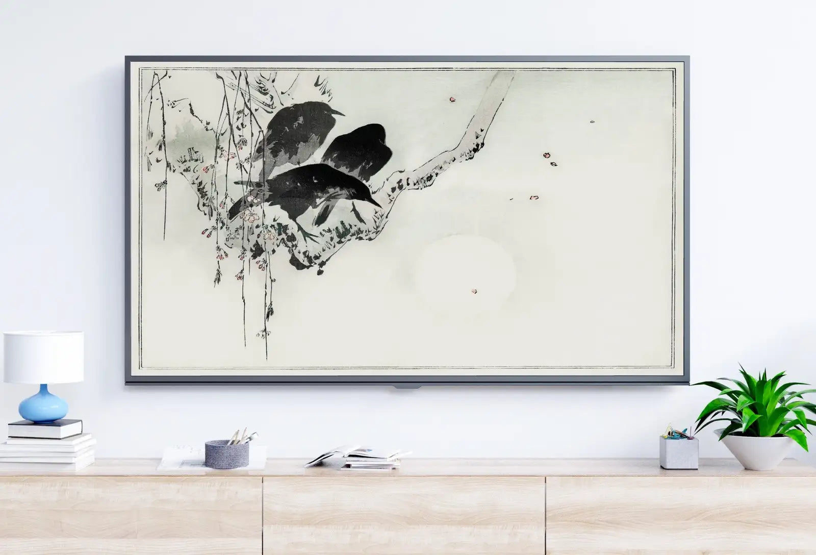 Included artwork preview showing first selection of artworks from Three Crows on a Branch Frame TV Art. Vintage Japanese Painting Samsung Art TV, Digital Download for Samsung Frame, Frame TV Birds on Branch.