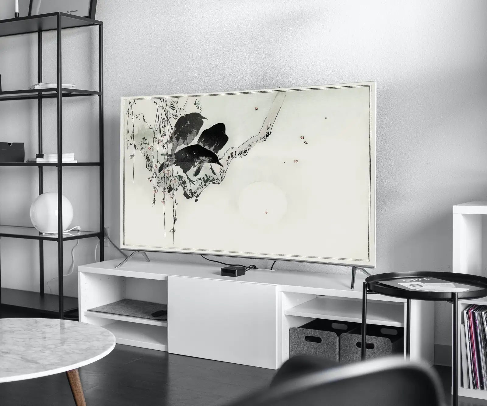 Detail view of artwork from Three Crows on a Branch Frame TV Art. Vintage Japanese Painting Samsung Art TV, Digital Download for Samsung Frame, Frame TV Birds on Branch. (variation 1)