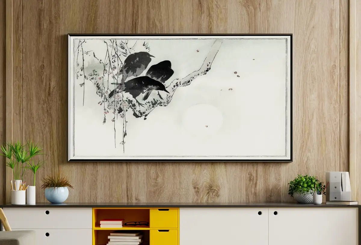Detail view of artwork from Three Crows on a Branch Frame TV Art. Vintage Japanese Painting Samsung Art TV, Digital Download for Samsung Frame, Frame TV Birds on Branch. (variation 2)