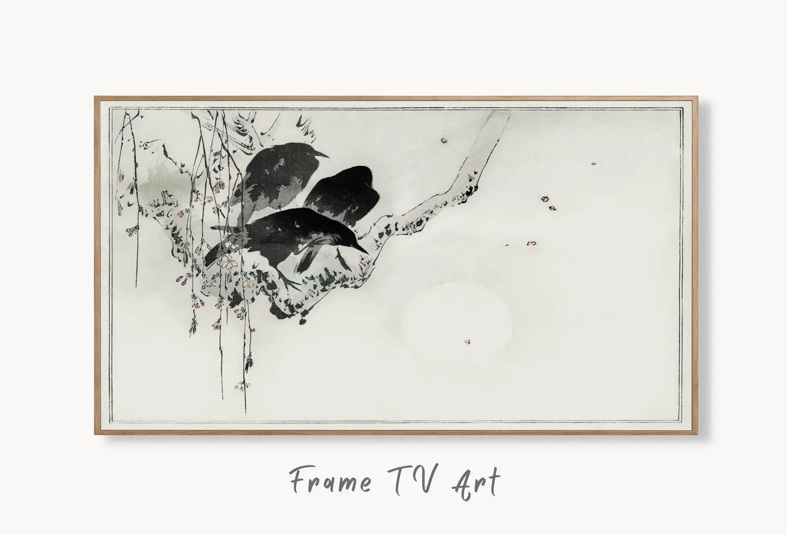 Three Crows on a Branch Frame TV Art. Vintage Japanese Painting Samsung Art TV, Digital Download for Samsung Frame, Frame TV Birds on Branch displayed on Samsung Frame TV on a living room wall.