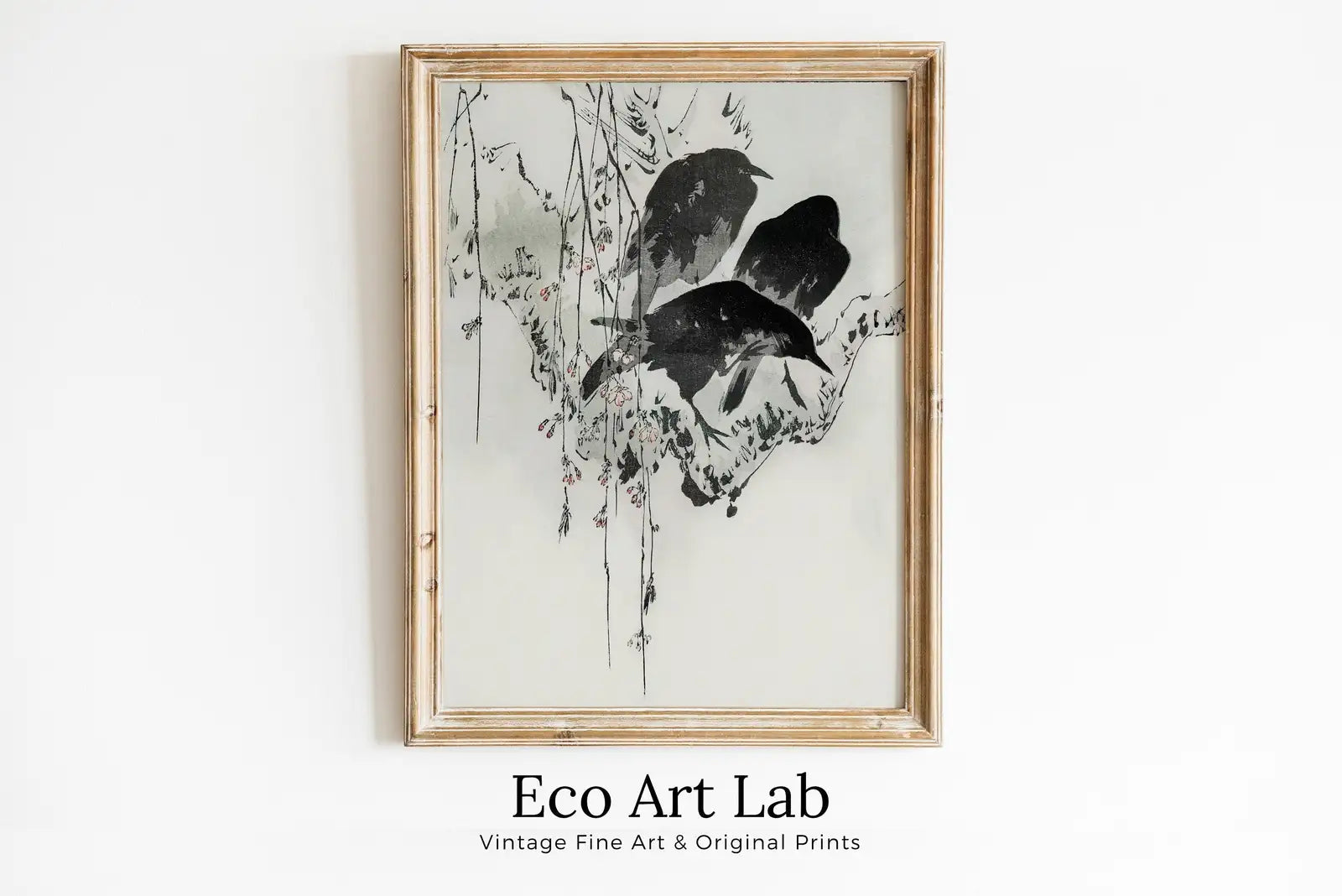 Framed view of Three Crows on a Branch. Japanese Painting Vintage Wall Art Printable Poster. 19th Century Japanese Vintage Wall Art Crow Japanese Painting – printable wall art digital download.