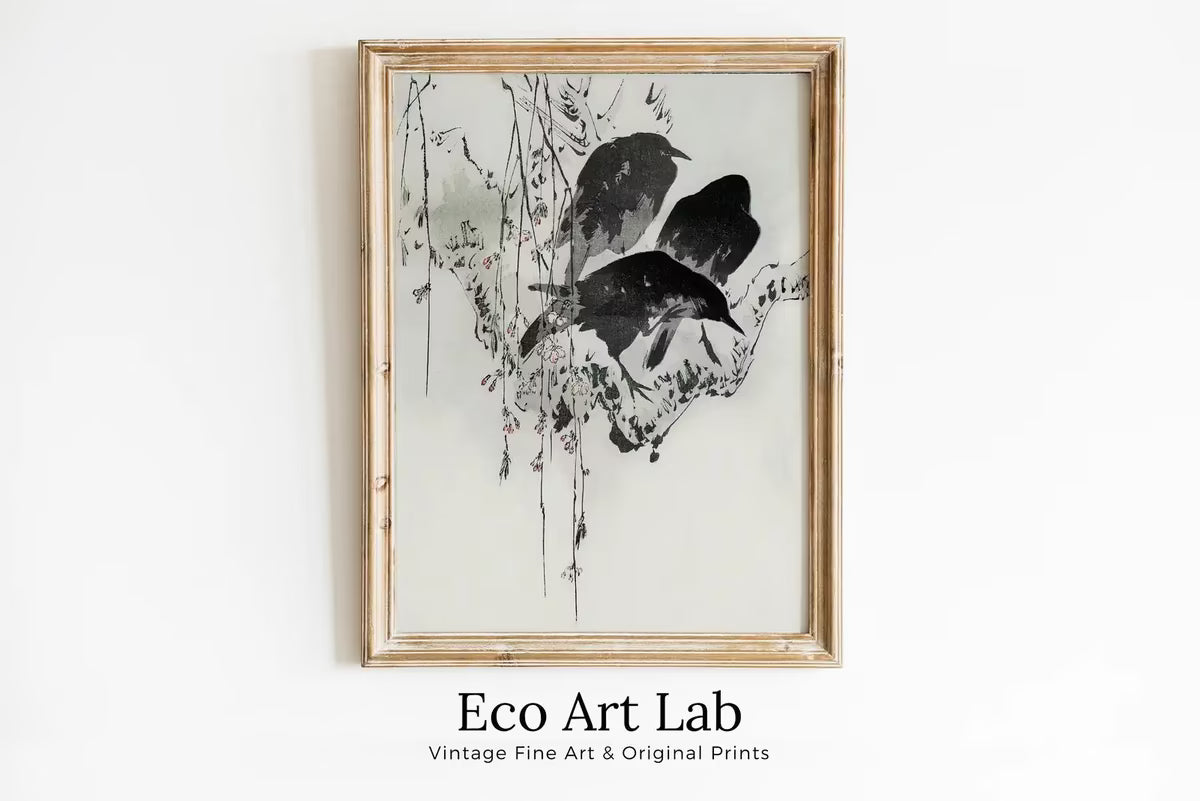 Three Crows on a Branch. Japanese Painting Vintage Wall Art Printable Poster. 19th Century Japanese Vintage Wall Art Crow Japanese Painting – Printable Wall Art