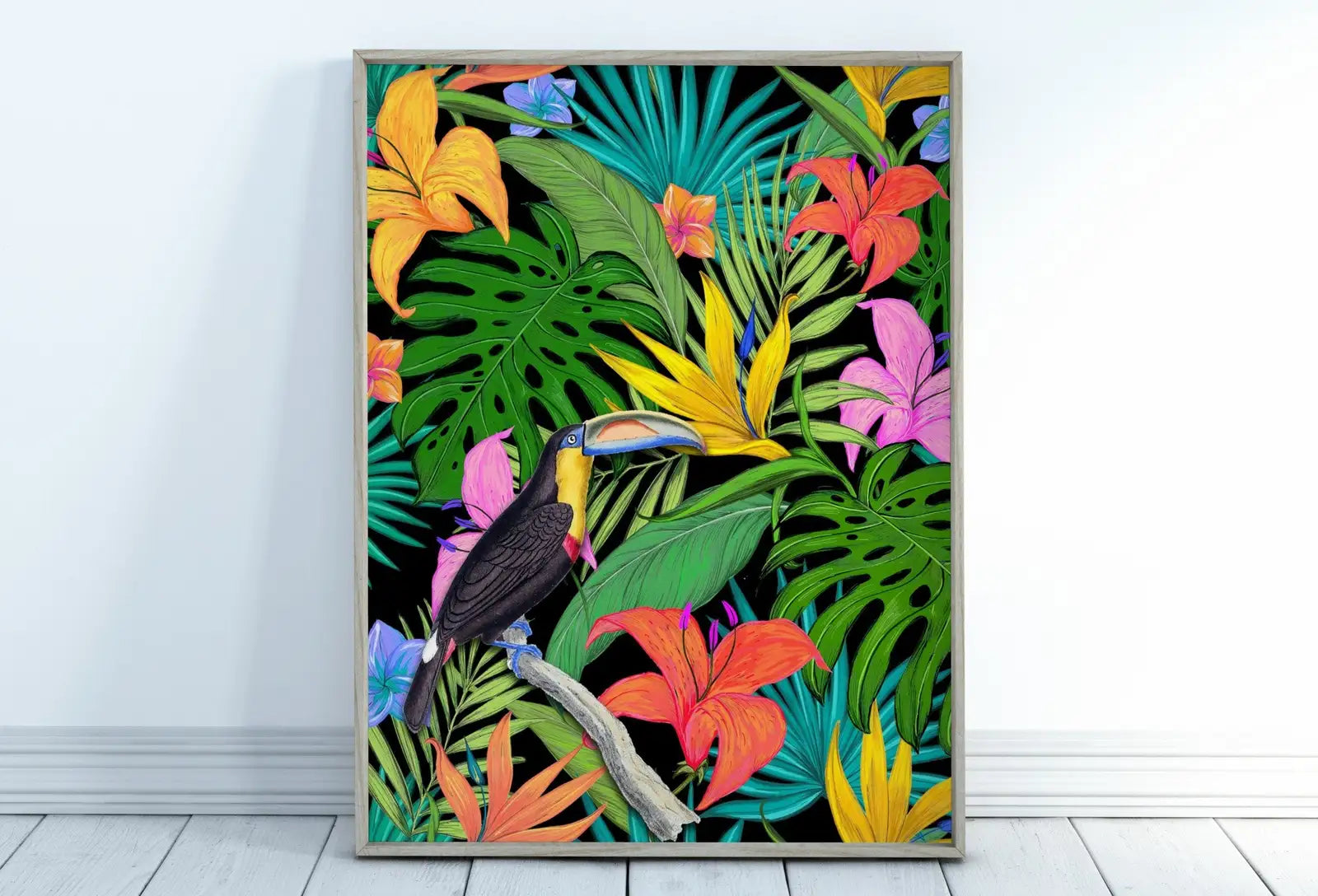 Framed view of Toucan Wall Art Print. Bright Colorful Decor. Tropical Bird Poster. Wildlife Nature Botanical Illustration. Printable Digital Download – printable wall art digital download.