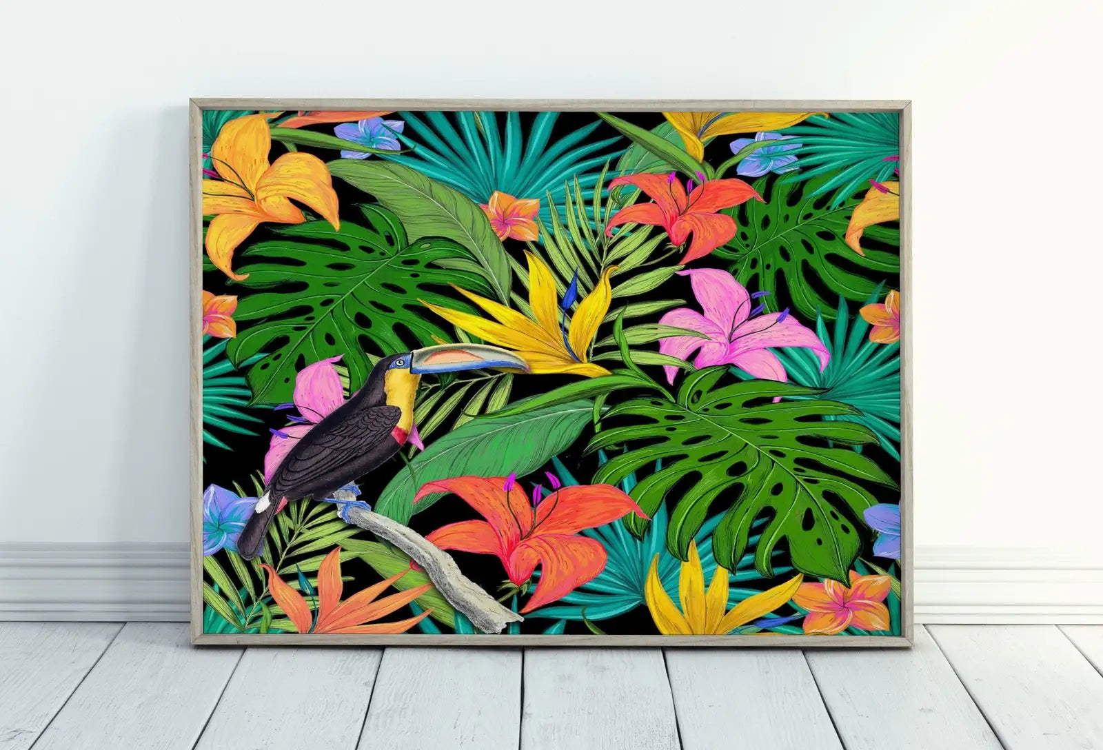 Included artwork preview showing first selection of artworks from Toucan Wall Art Print, Wildlife Nature Botanical Illustration. Bright Colorful Decor. Tropical Bird Picture. Printable Digital Download.