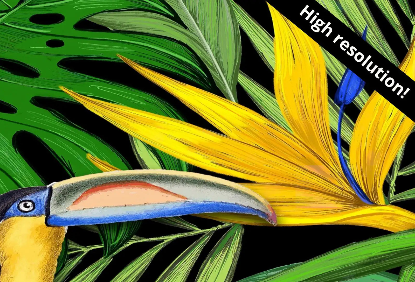 Detail view of artwork from Toucan Wall Art Print, Wildlife Nature Botanical Illustration. Bright Colorful Decor. Tropical Bird Picture. Printable Digital Download. (variation 1)