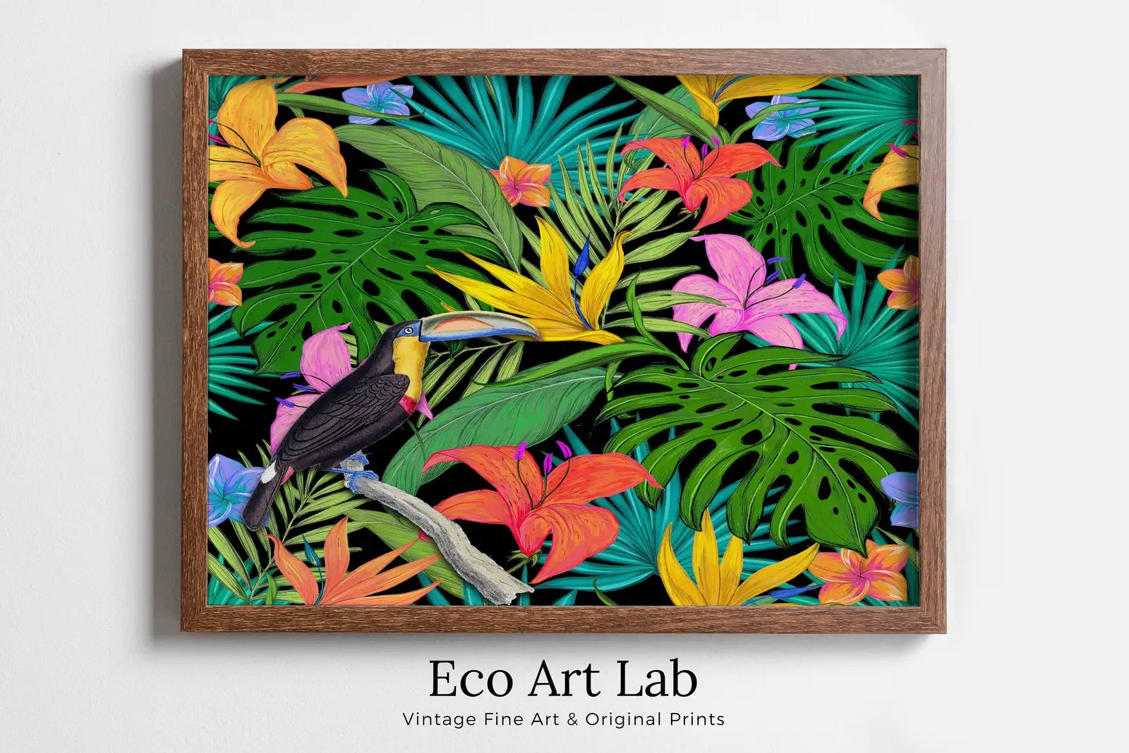 Framed view of Toucan Wall Art Print, Wildlife Nature Botanical Illustration. Bright Colorful Decor. Tropical Bird Picture. Printable Digital Download – printable wall art digital download.