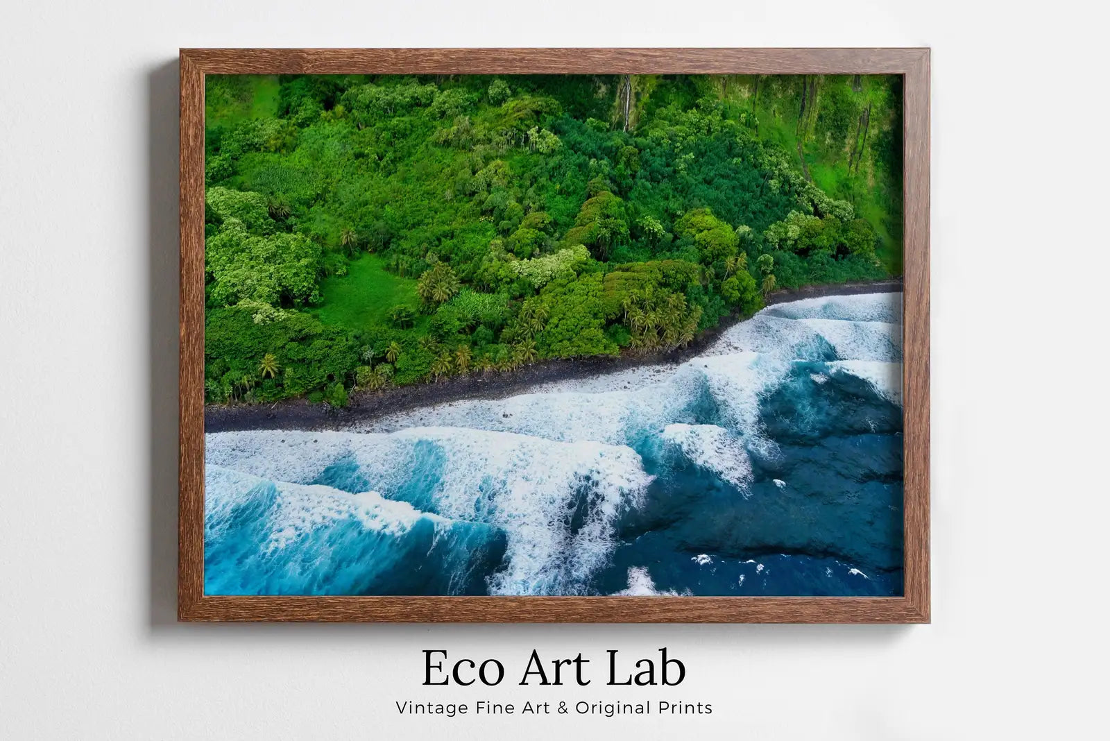Framed view of Tropical Beach Top View Digital Home Decor. Printable Wall Art. Beach & Trees Nautical Wall Decor Blue Waves Art Prints, Coastal Wall Art – printable wall art digital download.