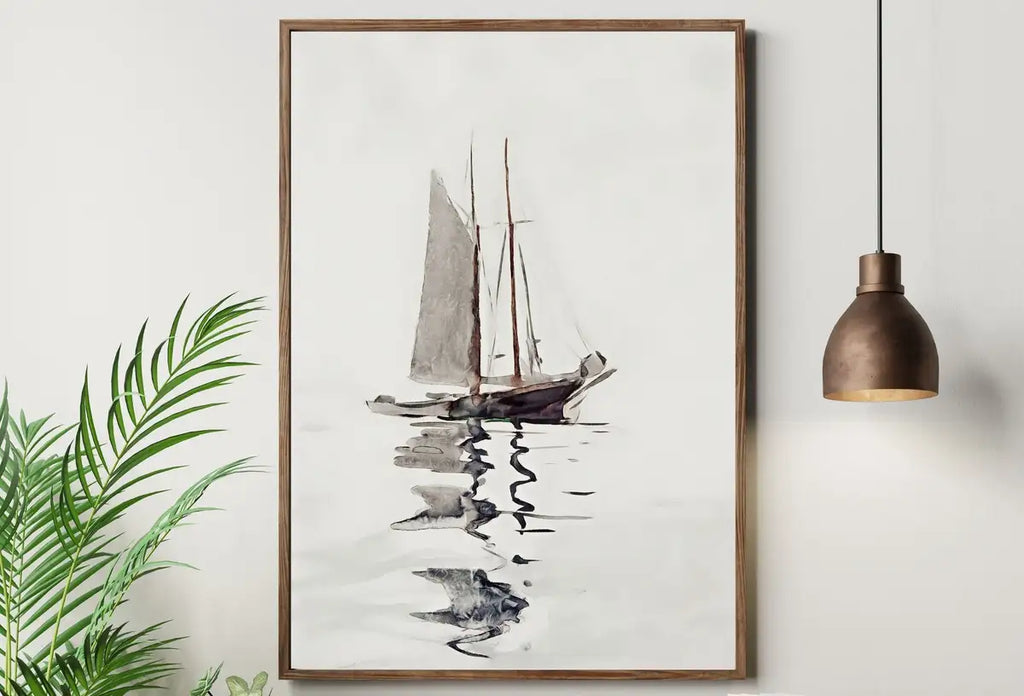 Detail view of artwork from Two Masted Schooner Boat At Sea Print, Nautical Wall Decor, Sailboat Print Boat Art, Printable Wall Art, Digital Print, Boat Print Wall Art. (variation 2)
