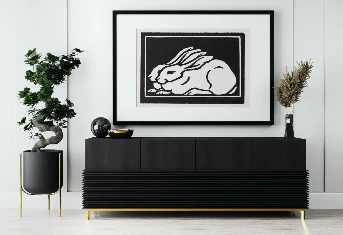 Detail view of artwork from Two Rabbits Vintage Art Nouveau Print Wall Art. Instant Download Retro Rabbit Painting Julie De Graag Printable Wall Art, Art Nouveau Poster. (variation 2)