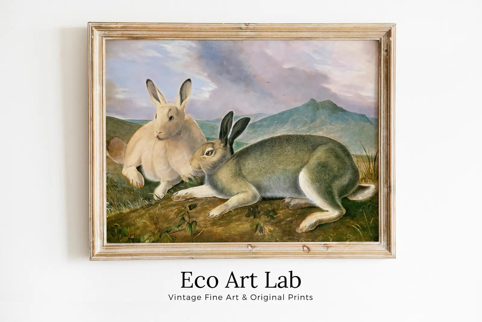Framed view of Two Rabbits Wall Art Vintage Painting. Vintage Animal Print. Printable Wall Art, Digital Download. Rabbit Painting Digital Art. Nature Print – printable wall art digital download.