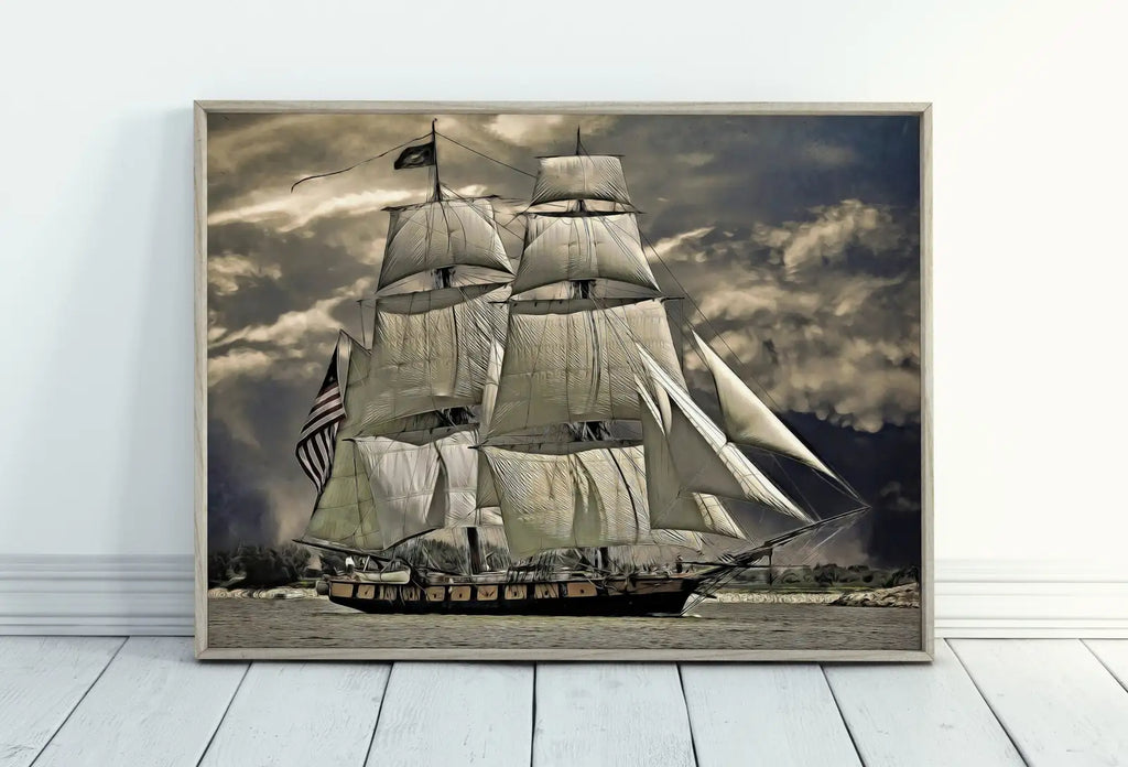Detail view of artwork from USS Constitution "Old Ironsides" Sailing Ship at Full Sail. Sailboat Print, Printable Wall Art Digital Print, Nautical Wall Decor Boat Print. (variation 1)