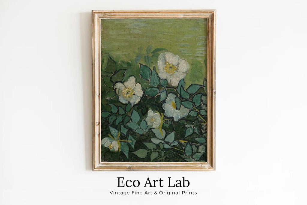 Framed view of van Gogh Wild Roses Famous Painting Art Print. Instant Download Printable van Gogh Fine Art. Vintage Botanical Art. White Roses Painting – printable wall art digital download.