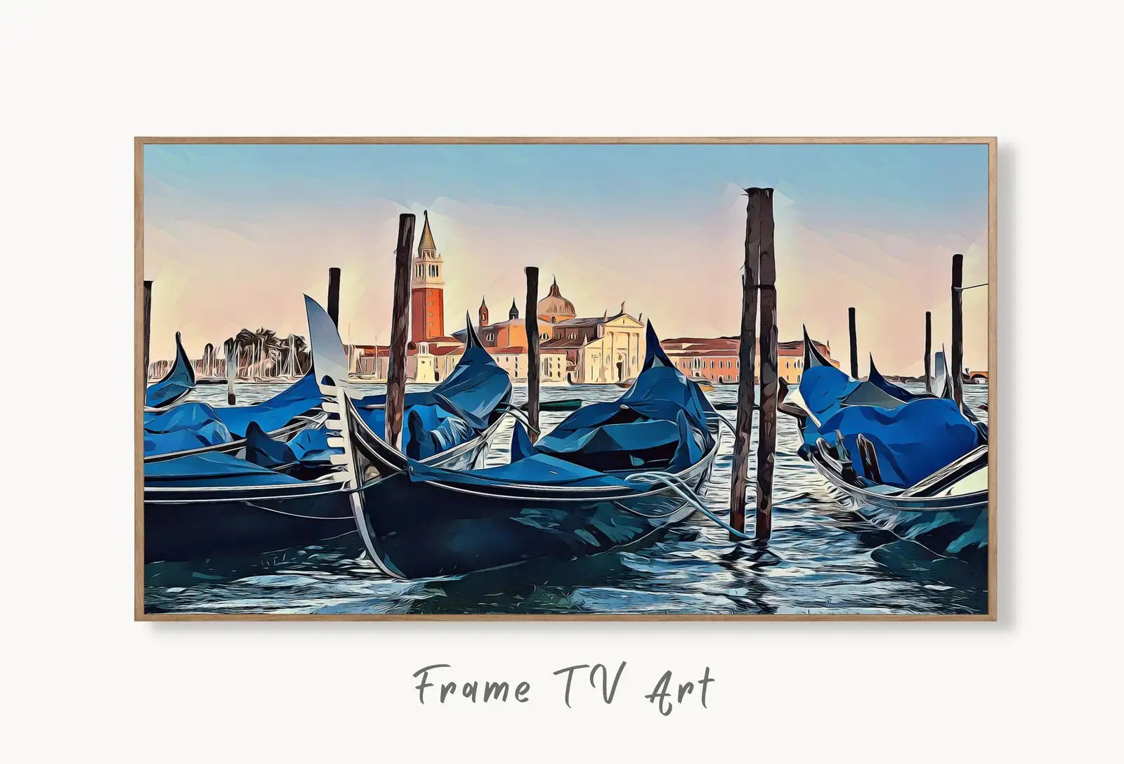 Venice Gondolas Digital Painting Frame TV Art. Venice Italy Wall Art Frame TV Art 4K Digital Download, Art for Tv, Colorful Art for Frame TV displayed on Samsung Frame TV on a living room wall.