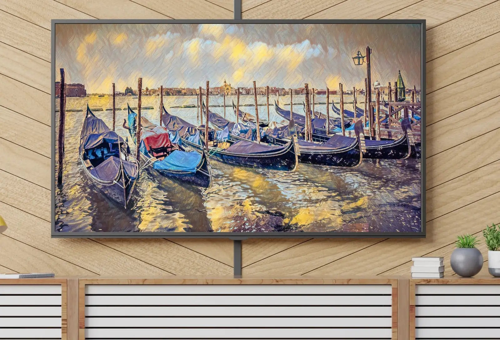 Detail view of artwork from Venice Gondolas on Canal Landscape Painting, Frame TV Art Digital Download, Digital Art for Tv, Colorful Art for Frame TV. (variation 1)