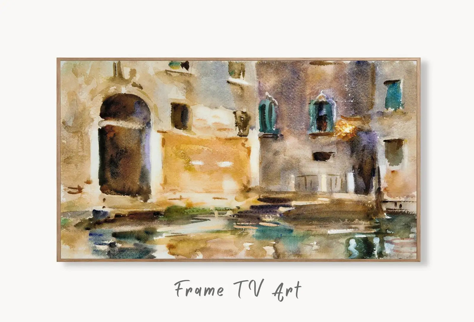 Venice Italy Wall Art, Enhanced Vintage Italy Painting, City Landscape Frame TV Art. Digital Download, Art for Tv, Colorful Art for Frame TV displayed on Samsung Frame TV on a living room wall.