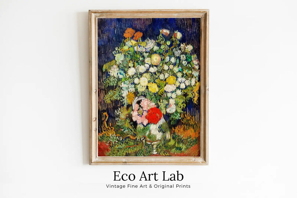 Framed view of Vincent van Gogh Bouquet of Flowers in Vase Printable Famous Art Prints. Instant Download van Gogh Still Life Print. Vintage Floral Fine Art – printable wall art digital download.