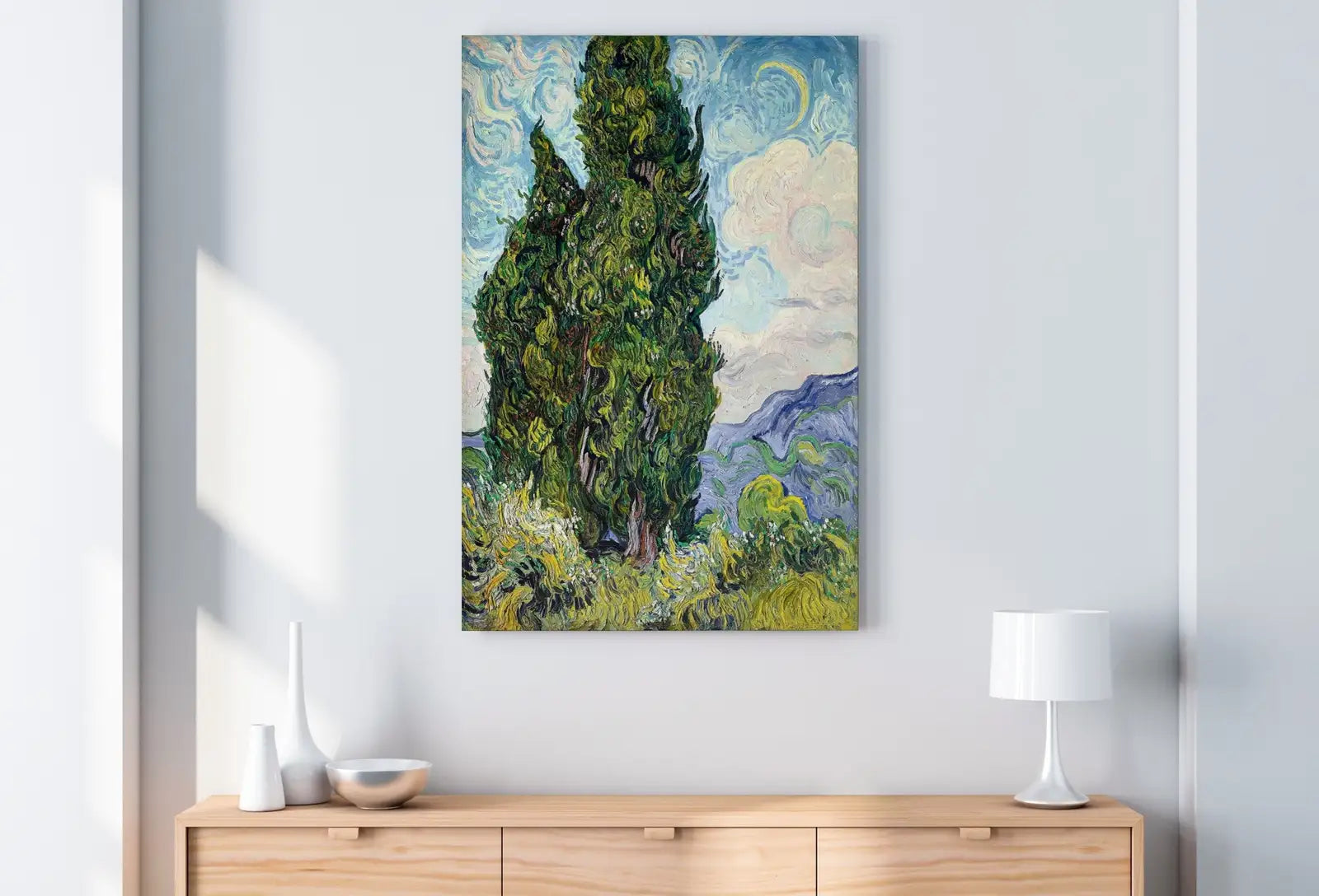 Impression des cyprès de Vincent van Gogh : Une œuvre d’art printanière. Téléchargement instantané pour une décoration murale vintage.