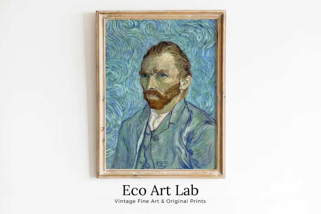 Framed view of Vincent van Gogh Printable Famous Self Portrait Art Print. Instant Download van Gogh Print Vintage Classic Portrait Painting. Fine Art Print – printable wall art digital download.