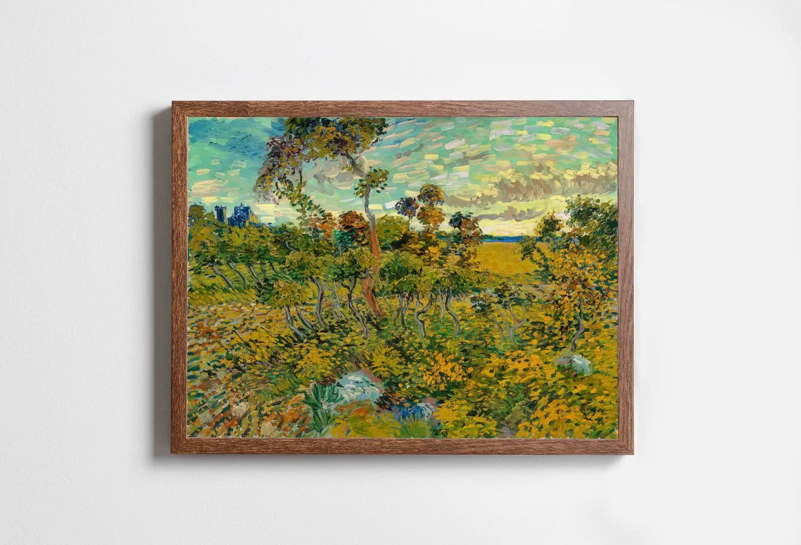 Framed view of Vincent van Gogh Sunset at Montmajour. Landscape Printable Famous Art Print. Instant Download van Gogh Print Vintage Painting Fine Art Print – printable wall art digital download.