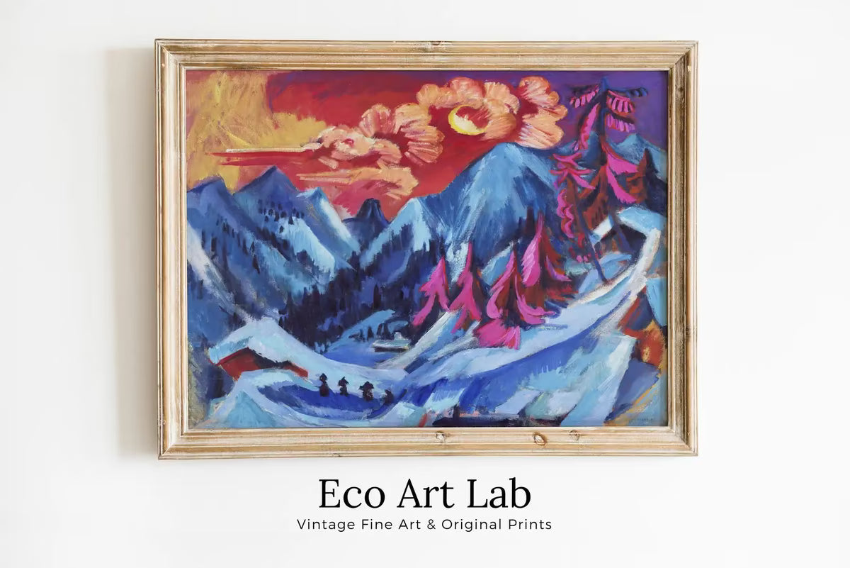 Vintage Abstract Mountain Landscape Painting. Colorful Wall Art Print. Winter Landscape in Moonlight Abstract Art. Mountain Printable Art – Printable Wall Art