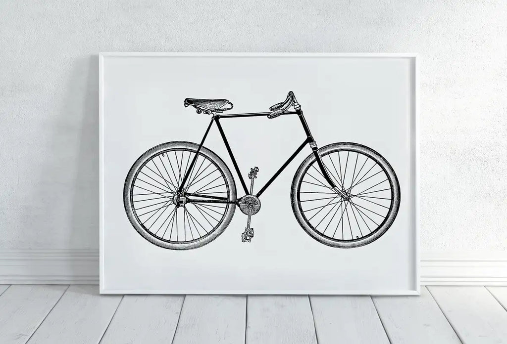 Detail view of artwork from Vintage Bike Print Bicycle Poster. Cycling Minimalist Black and White Wall Art. Retro Bicycle Print Digital Printable Art. Old Bike Poster. (variation 2)