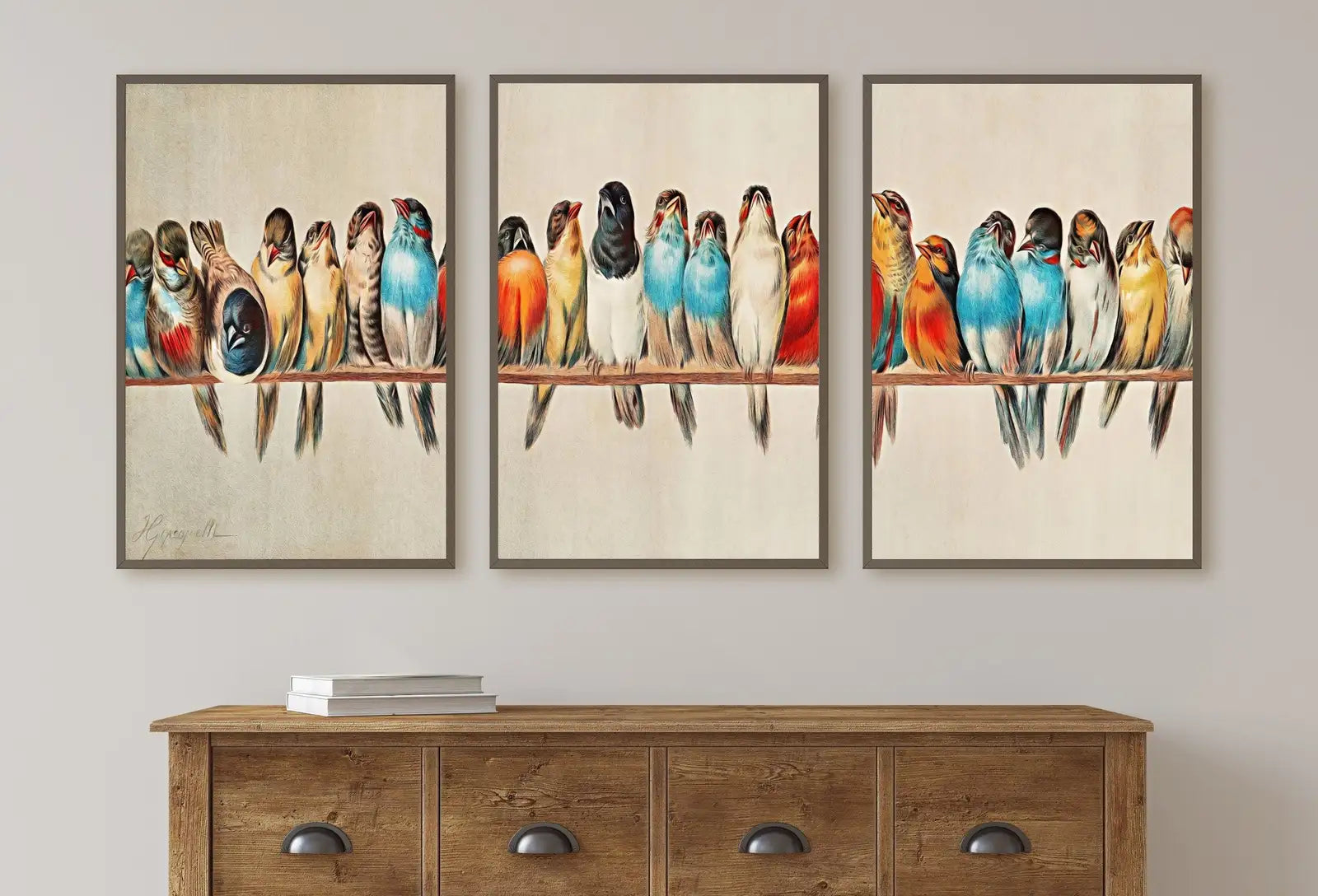 Framed view of Vintage Bird Art 3 Piece Wall Art Gallery Wall Set. Instant Download Printable Wall Art Bird Painting. Birds Decor Wall Art Prints – printable wall art digital download.