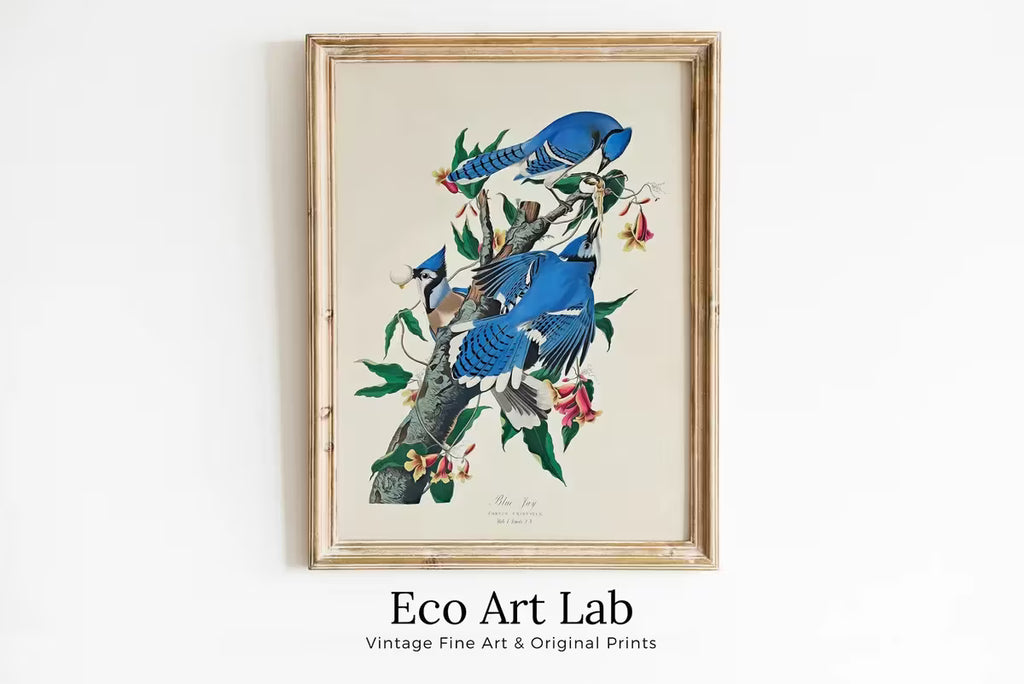 Vintage Birds Blue Jays on Branch with Flowers Painting. Instant Download Printable Wall Art. Bird Painting. Wall Art Prints. Birds Poster – Printable Wall Art