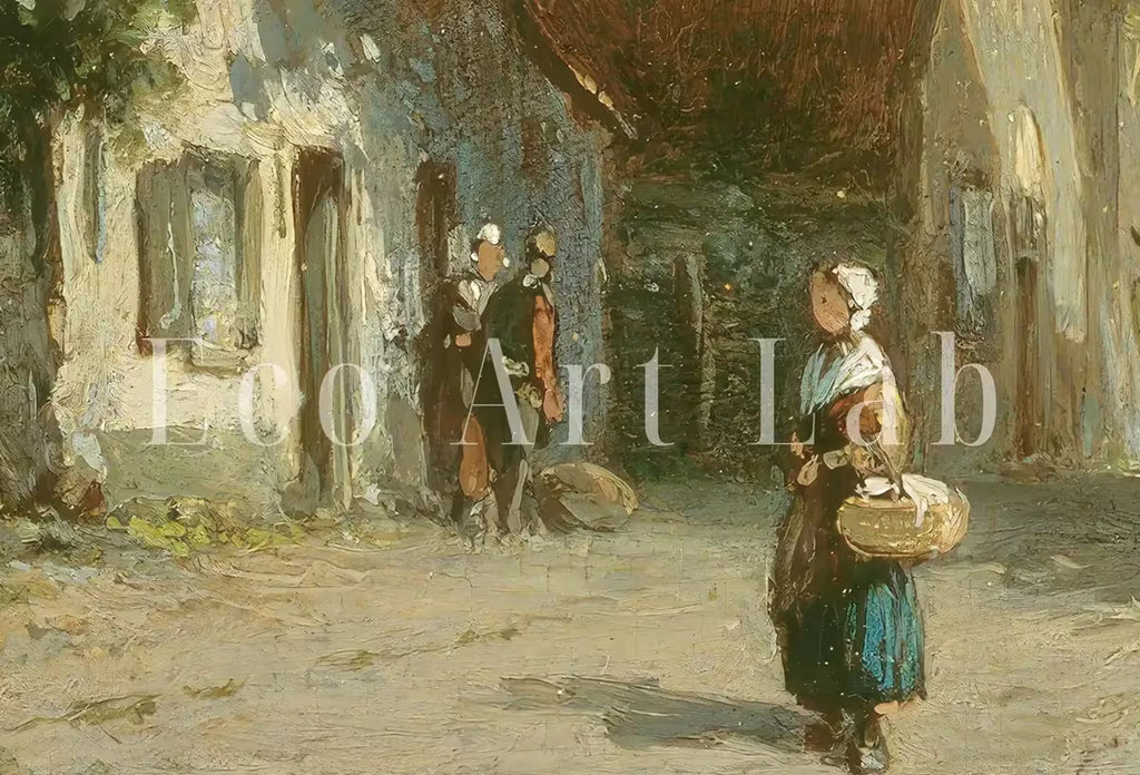 Vintage Country Oil Painting, Rustic European Village Print. Antique Painting Street Scene Village Road Print. Vintage Landscape Wall Art – Printable Wall Art