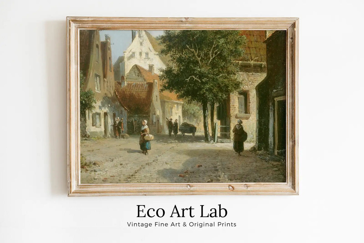 Framed view of Vintage Country Oil Painting, Rustic European Village Print. Antique Painting Street Scene Village Road Print. Vintage Landscape Wall Art – printable wall art digital download.