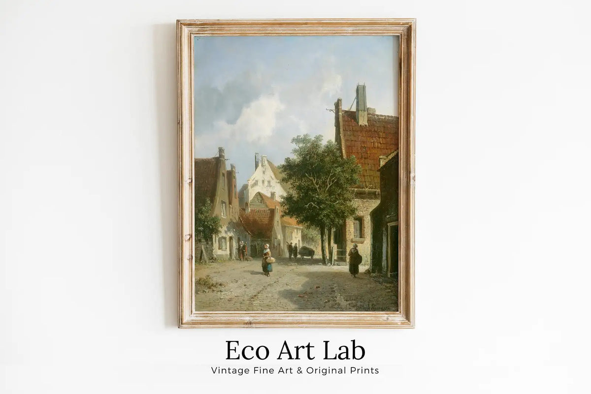 Framed view of Vintage Country Painting, Rustic European Village Print. Antique Oil Painting Street Scene Village Road Print. Vintage Landscape Wall Art – printable wall art digital download.