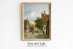 Framed view of Vintage Country Painting, Rustic European Village Print. Antique Oil Painting Street Scene Village Road Print. Vintage Landscape Wall Art – printable wall art digital download.