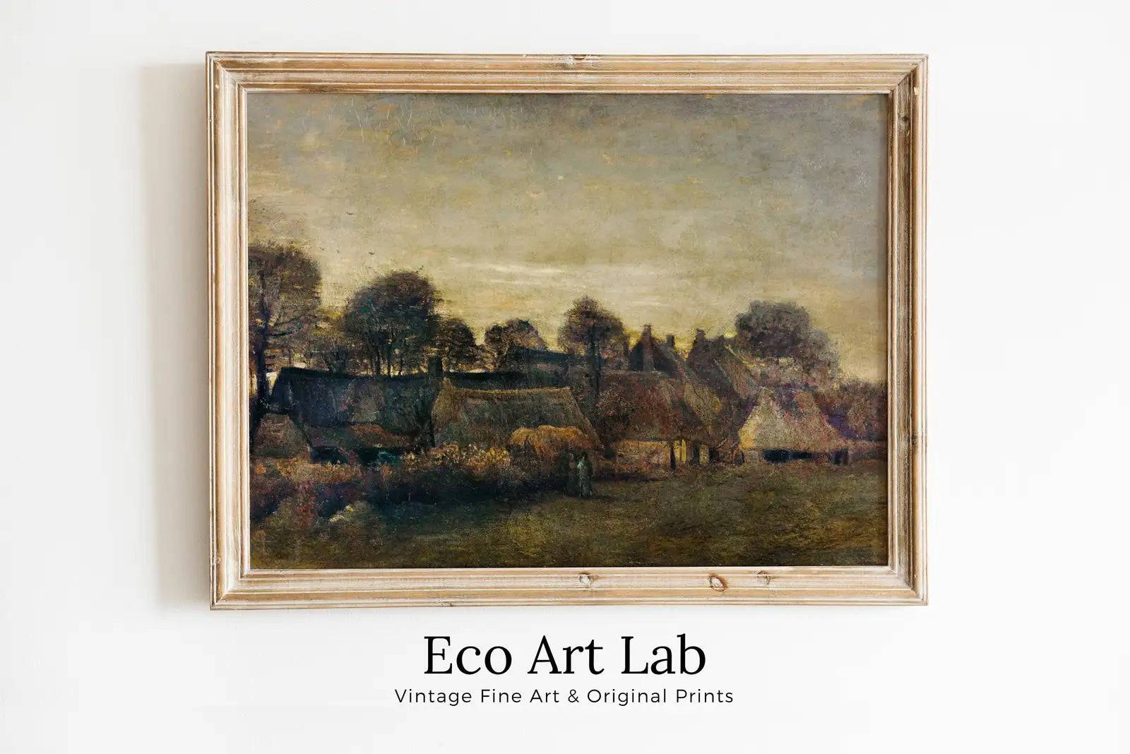 Peinture de paysage de ferme vintage, art mural de ferme vintage. Village agricole au crépuscule célèbre de Vincent van Gogh, impression d’art à imprimer. Art de campagne