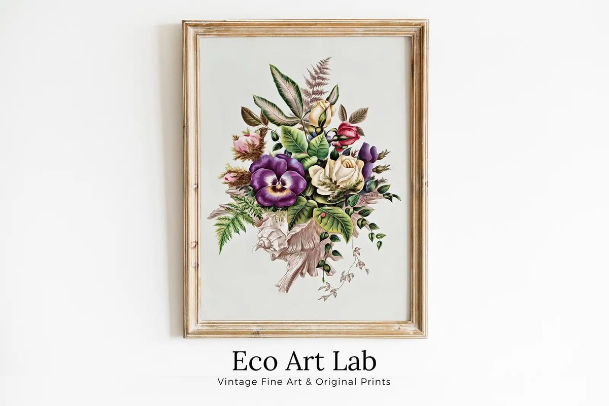 Framed view of Vintage Flower Bouquet Still Art Print, Antique Retro Style Colorful Botanical Painting, Printable Digital Wall Art, Instant Download – printable wall art digital download.