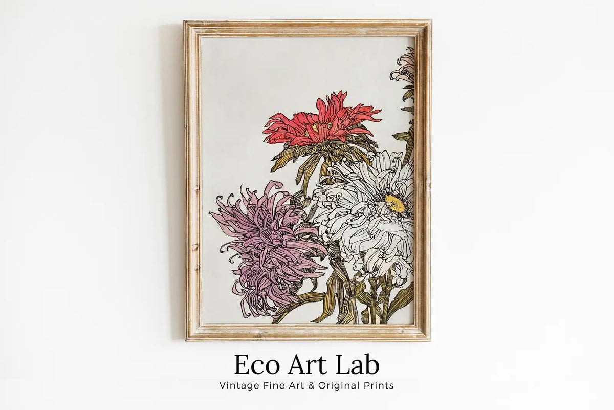 Framed view of Vintage Flowers Print Printable Wall Art. Art Nouveau Floral Print. Instant Download Poster Watercolor Wall Art. Art Nouveau Poster – printable wall art digital download.