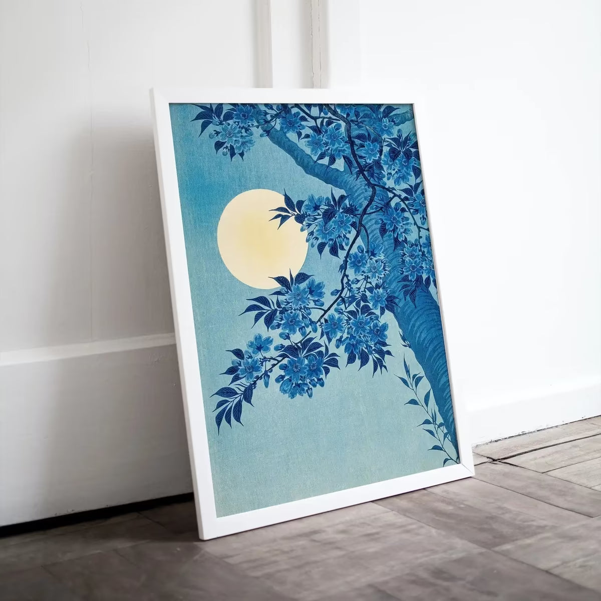 Vintage Japanese Blossoming Cherry and Full Moon Blue Painting Printable Wall Art. Antique Japanese Art. Botanical Print Floral Wall Decor – Printable Wall Art
