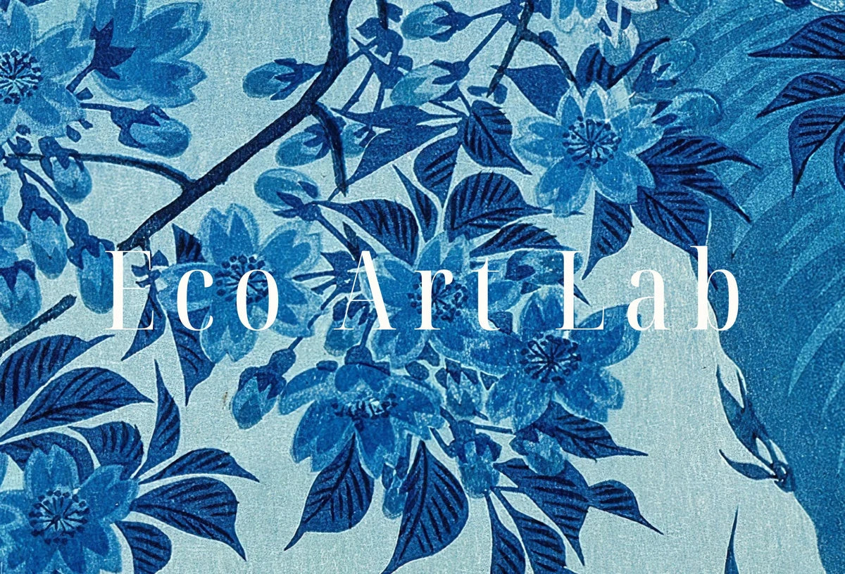 Œuvre murale imprimable de peinture bleue de cerisiers en fleurs et pleine lune japonaise vintage. Art japonais antique. Reproduction florale botanique pour décoration murale.