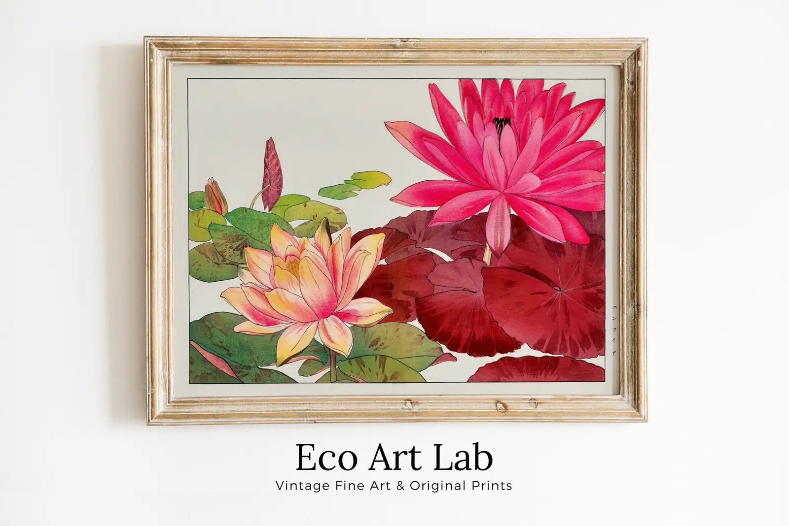 Art botanique japonais vintage : Peinture de fleurs de lotus - Décoration florale japonaise antique, téléchargement numérique pour la décoration murale.