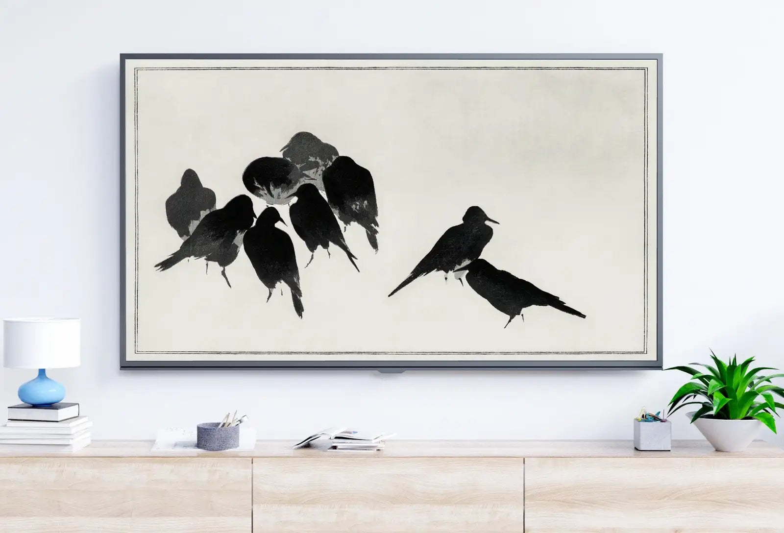 Included artwork preview showing first selection of artworks from Vintage Japanese Crows Illustration Frame TV Art. Vintage Japanese Painting Samsung Art TV, Digital Download for Samsung Frame, Frame TV Art.