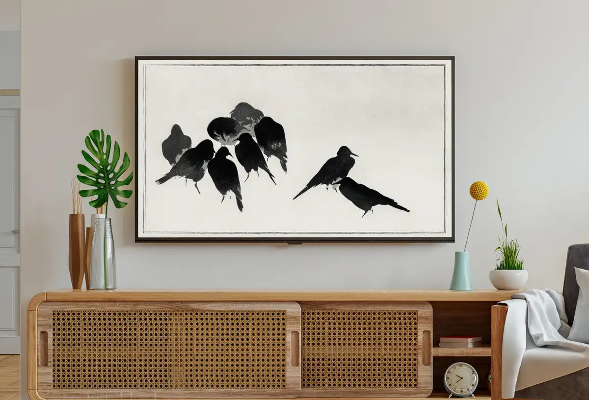 Detail view of artwork from Vintage Japanese Crows Illustration Frame TV Art. Vintage Japanese Painting Samsung Art TV, Digital Download for Samsung Frame, Frame TV Art. (variation 2)