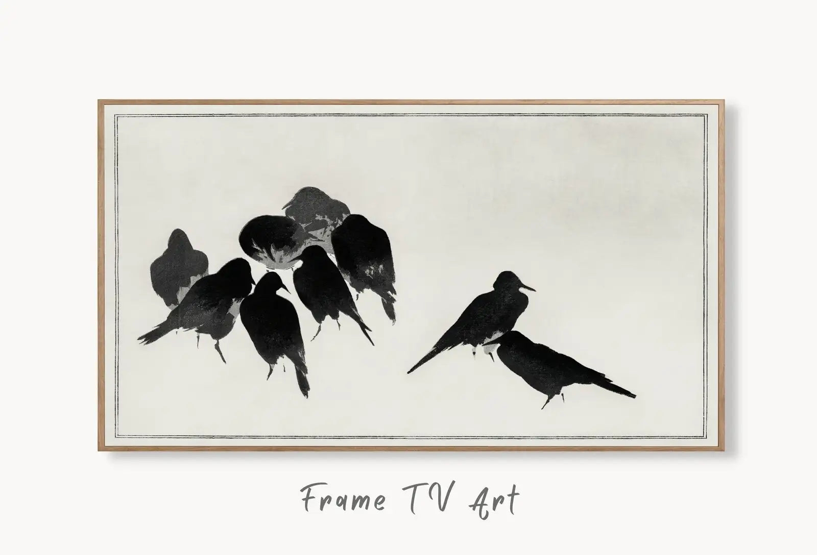 Vintage Japanese Crows Illustration Frame TV Art. Vintage Japanese Painting Samsung Art TV, Digital Download for Samsung Frame, Frame TV Art displayed on Samsung Frame TV on a living room wall.