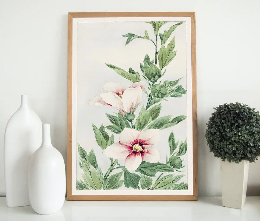 Detail view of artwork from Vintage Japanese Flower Art Hibiscus Painting Printable Wall Art. Instant Download Antique Japanese Art. Botanical Print Floral Wall Art. (variation 2)