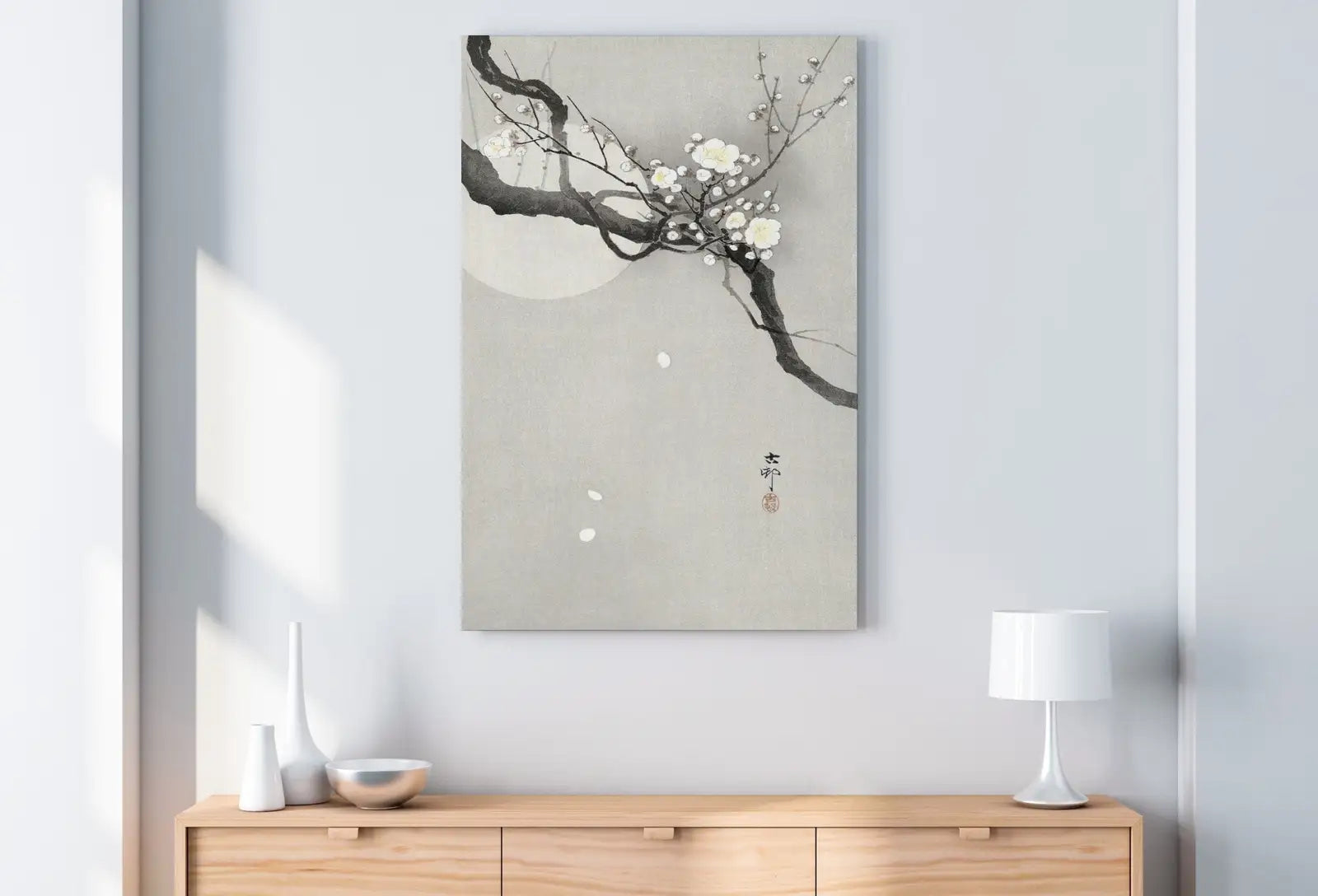 Art floral japonais vintage, peinture de fleur de prunier et pleine lune. Art mural. Art japonais antique. Art floral botanique. Décor mural